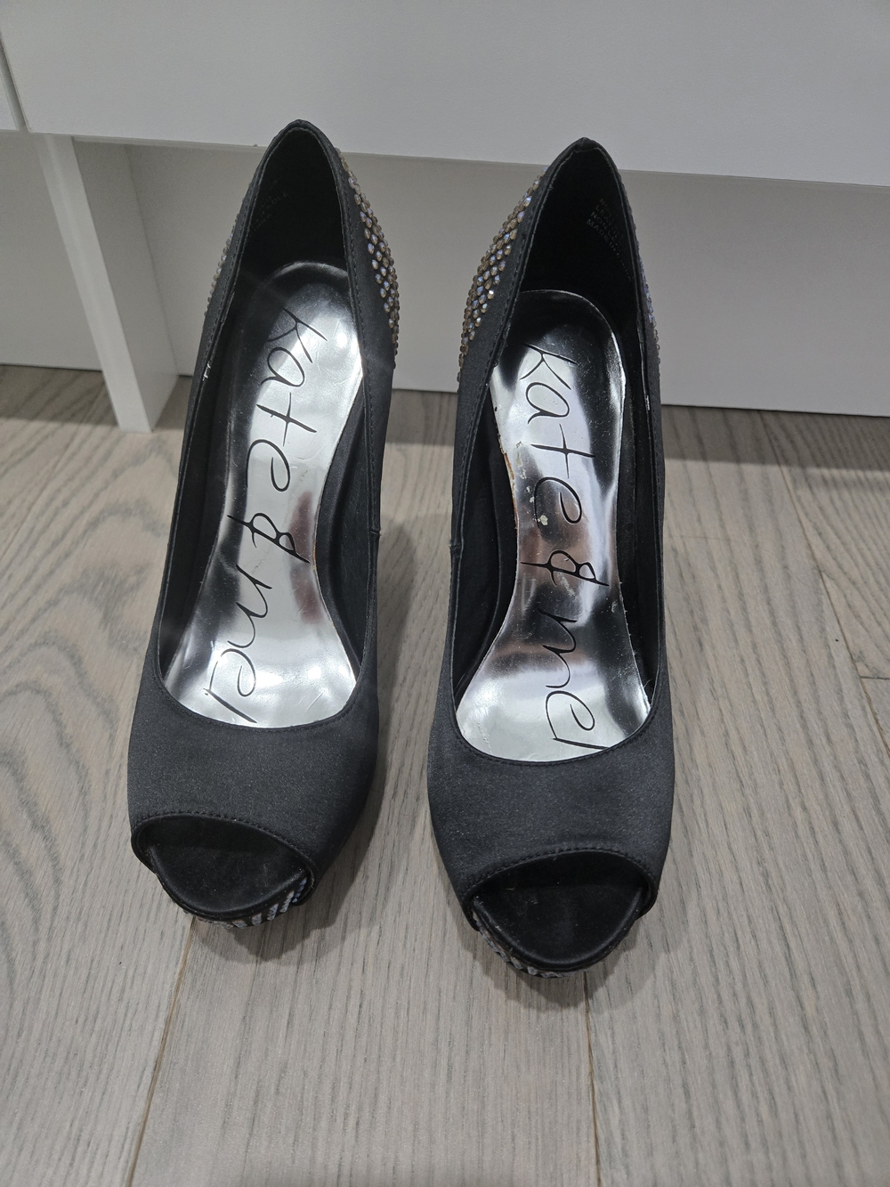Kate & Me; Jane Black Peep-Toe Heels with Crystal Accent